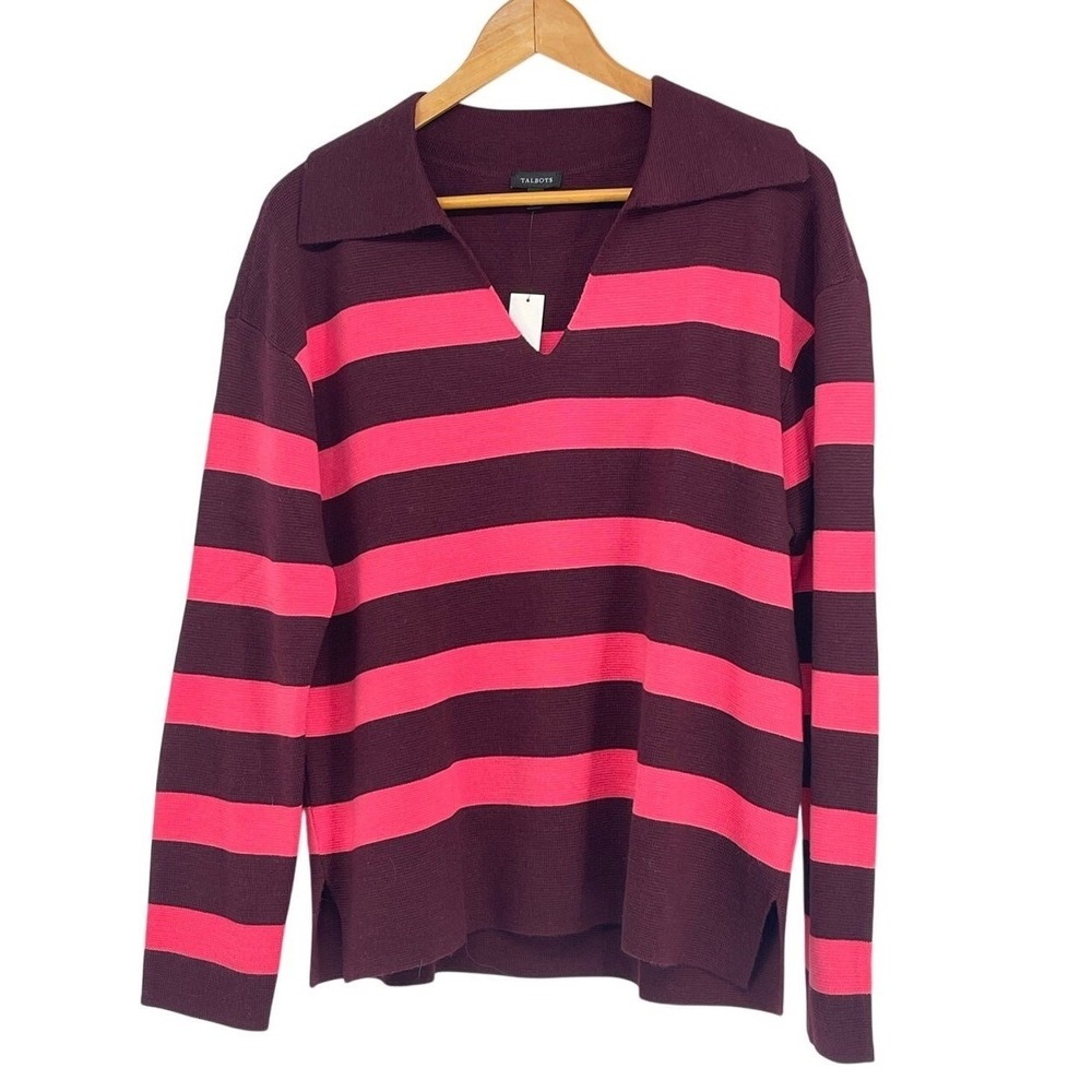Talbots Large Pink Burgundy Rugby Striped Wool Blend V-Neck Polo Sweater NWT